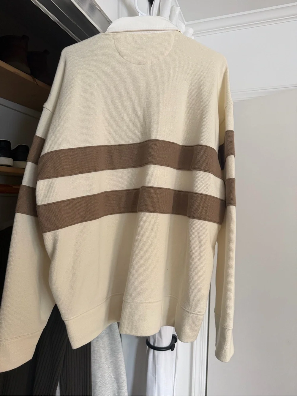 American Eagle Outfitters Cream Heavyweight Rugby Pullover with Brown Stripes